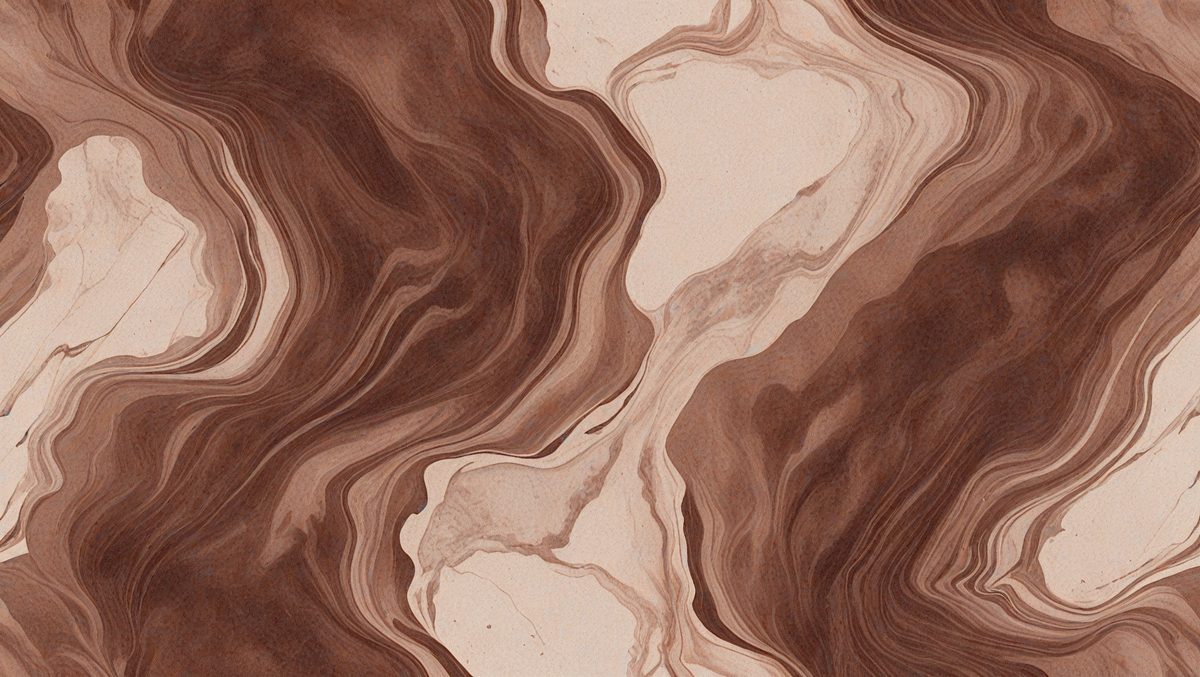 The primary subject of the image is a close-up of a brown and white marbled surface, which appears to be a piece of wood. The setting is a room with a wooden floor, and the visual style is a close-up of the marbled surface. The colors and mood of the image are warm and earthy, with the brown and white marbled surface creating a natural and textured appearance.
