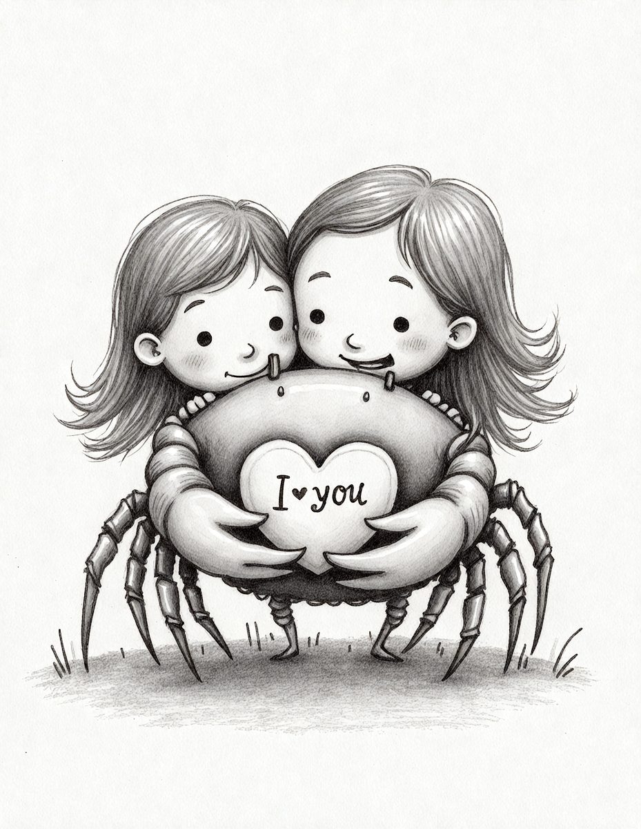 The image features two little girls hugging each other, with one of them holding a heart-shaped balloon. The heart is placed on the spider's back, creating a playful and whimsical scene. The girls are positioned in the center of the image, and the heart-shaped balloon is located towards the right side of the scene. The overall atmosphere of the image is light-hearted and fun.