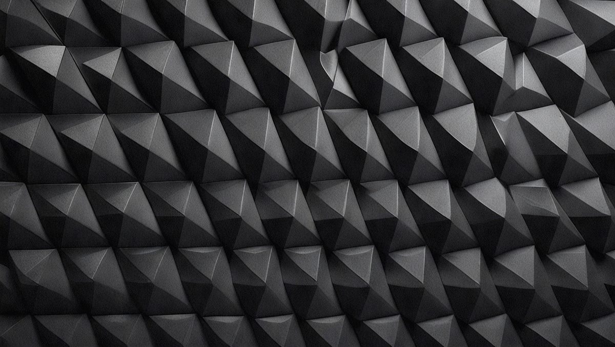 The primary subject of the image is a black and white patterned surface, which appears to be a wall or a piece of artwork. The setting is a dark room, and the visual style is a close-up of the patterned surface. The colors and mood of the image are predominantly black and white, creating a sense of depth and contrast.