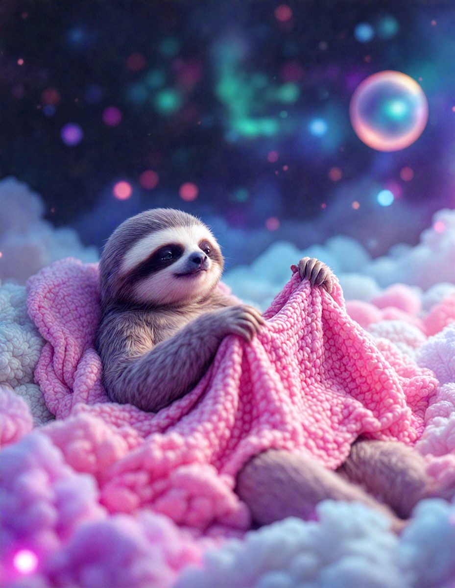 The image features a cute, pink, and white sloth sitting on a pink surface, which appears to be a knitted or crocheted blanket. The sloth is holding a pink ball in its hands, creating a cozy and playful scene. The setting is a space with a backdrop of a starry sky, adding a sense of wonder and whimsy to the scene. The visual style is a combination of photo and digital art, creating a unique and charming image. The colors and mood are predominantly pink and white, evoking feelings of warmth, comfort, and innocence.