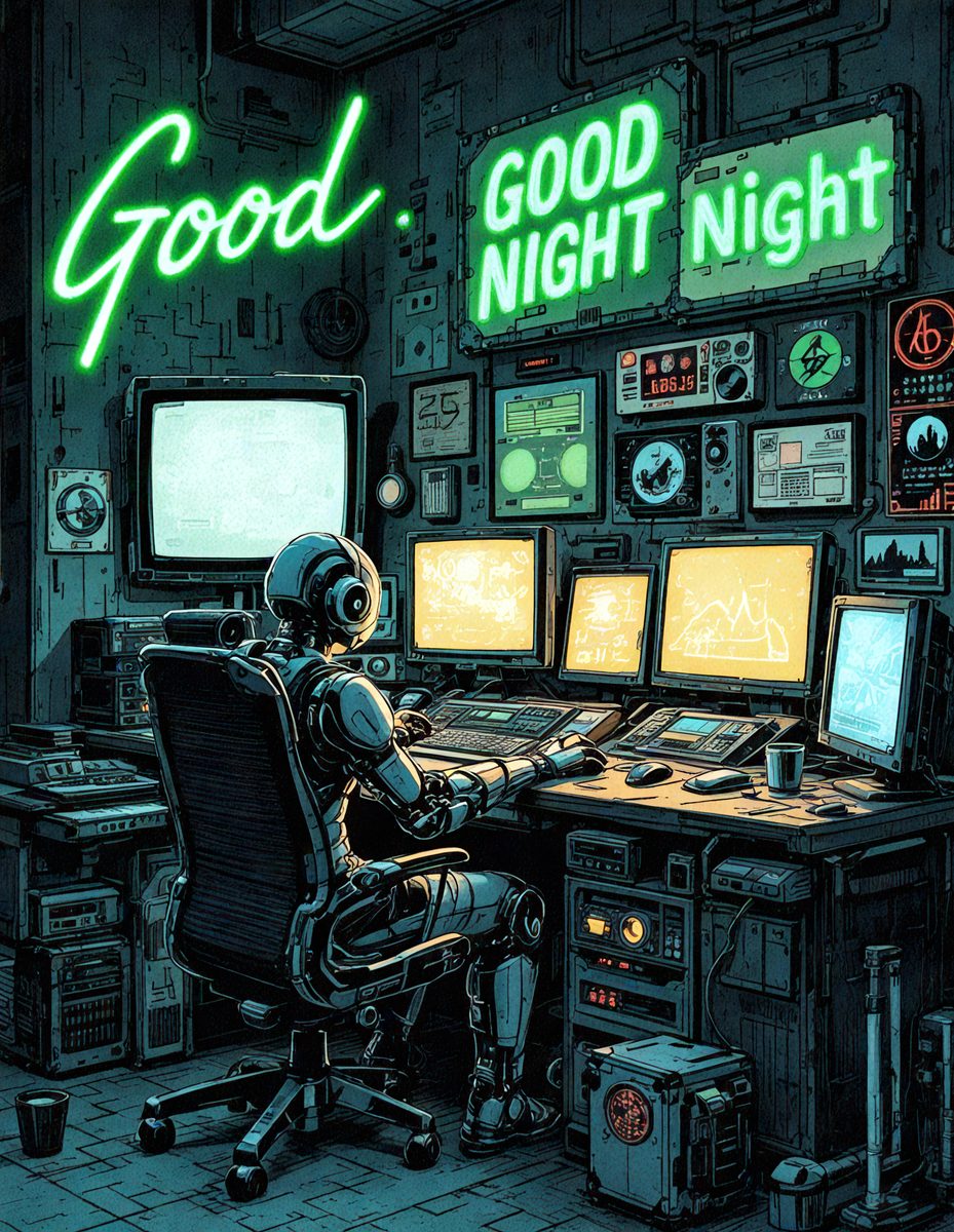 The primary subject of the image is a robot sitting at a desk in a room filled with various electronic equipment. The robot is wearing a hat and appears to be working on a computer. The setting is a room with multiple monitors, keyboards, and other electronic devices. The visual style is a digital art or illustration, creating a futuristic and technological atmosphere. The colors and mood are predominantly dark and moody, with a focus on the robot and its surroundings.