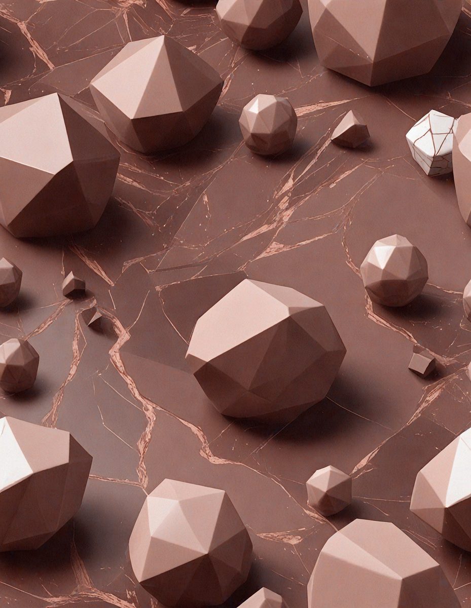 The primary subject of the image is a collection of geometric shapes, including triangles and cubes, arranged on a marbled surface. The setting is a rocky terrain with a mix of brown and red colors, giving the scene a natural and earthy appearance. The visual style is a combination of photo and digital art, creating a unique and intriguing image. The dominant colors are brown and red, with the geometric shapes adding a contrasting pop of color to the scene.