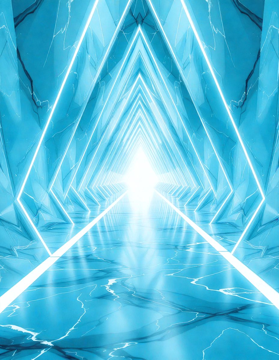 The primary subject of the image is a long, narrow tunnel with a blue light illuminating it. The tunnel appears to be made of glass, giving it a modern and sleek appearance. The setting is a futuristic environment, with the tunnel being the main focus of the scene. The visual style is a combination of digital art and illustration, creating a unique and captivating atmosphere. The dominant colors are blue and white, giving the tunnel a cool and modern feel.