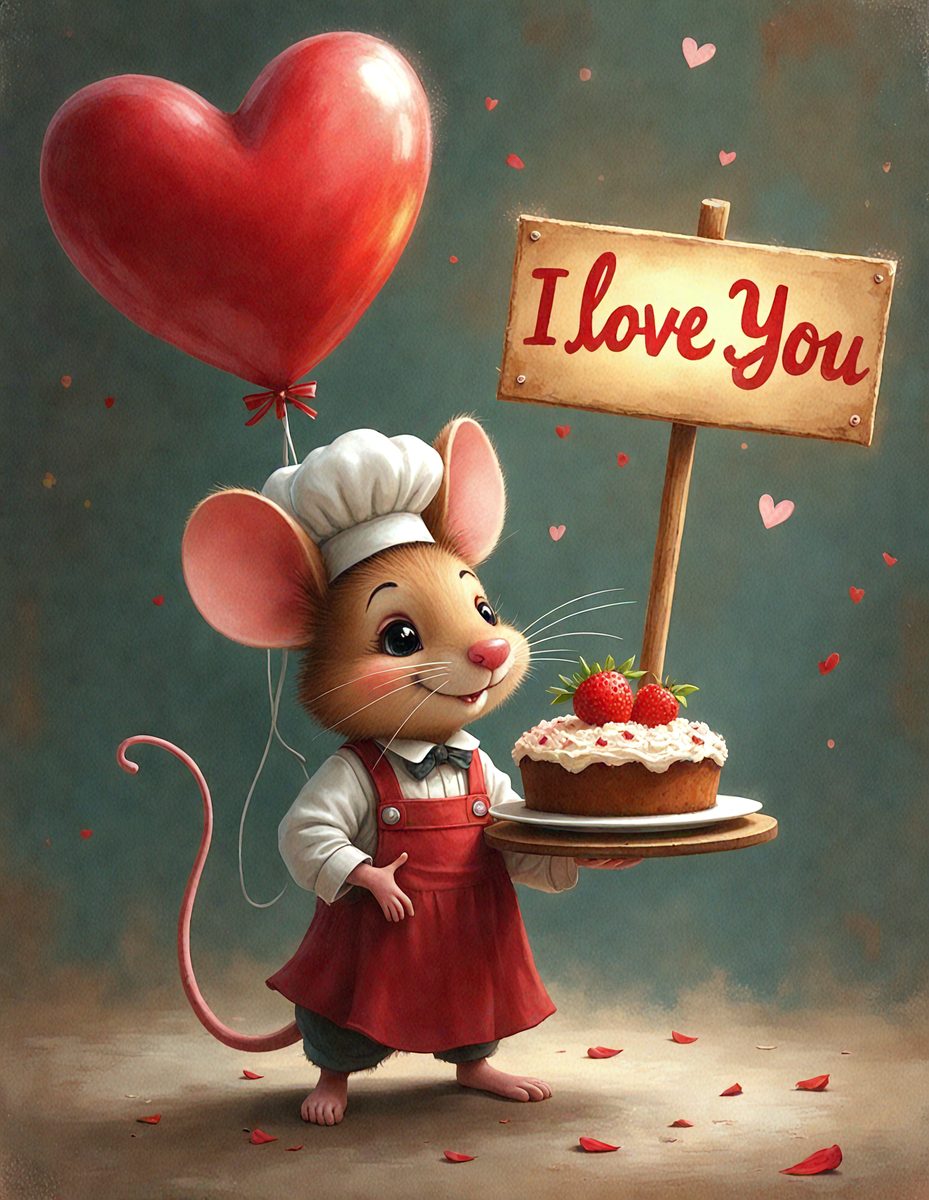 The primary subject of the image is a mouse, dressed as a chef, holding a cake on a plate. The mouse is wearing a chef's hat and is standing in front of a sign that reads "I Love You." The setting appears to be a whimsical and playful scene, possibly from a children's story or a cartoon. The visual style is a combination of digital art and illustration, creating a vibrant and engaging image. The colors are predominantly red and white, which adds to the warm and inviting atmosphere of the scene.