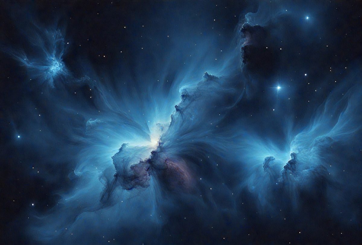 The primary subject of the image is a blue nebula, which is a cloud of gas and dust in space. The setting is a dark, starry sky, with the nebula being the main focus of the image. The visual style is a combination of a photo and digital art, creating a unique and captivating representation of the nebula. The dominant colors are blue and purple, giving the image a serene and celestial atmosphere.