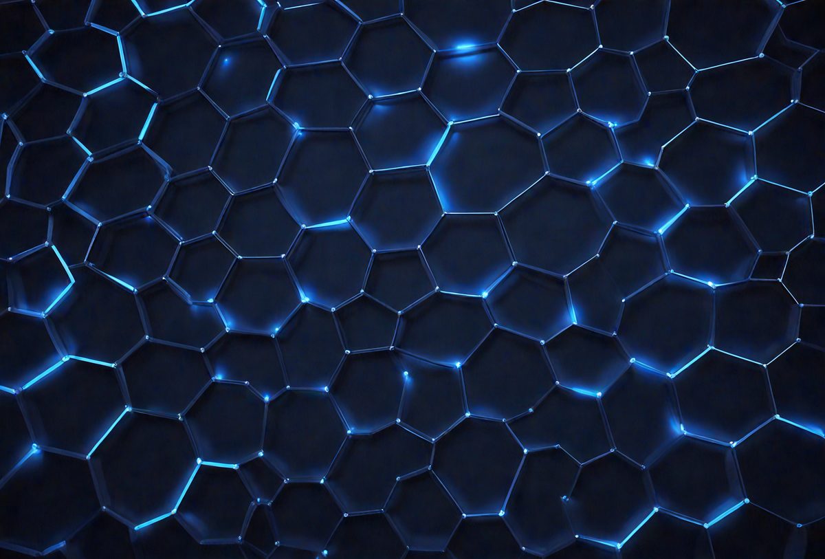 The primary subject of the image is a blue, geometric pattern. The setting is a dark background, which contrasts with the blue pattern. The visual style is a digital art or illustration, creating a unique and intricate design. The colors and mood of the image are predominantly blue, giving it a calm and serene atmosphere.