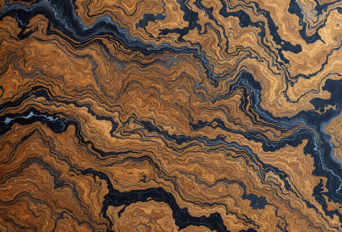 The primary subject of the image is a close-up of a wooden surface with a unique and intricate pattern. The setting is a room with a black and brown color scheme. The visual style is a close-up of the wooden surface, which appears to be a piece of wood with a natural texture. The colors and mood of the image are dark and moody, with the black and brown tones creating a sense of depth and complexity.