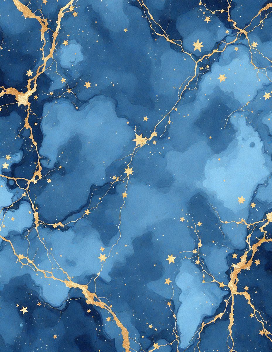 The primary subject of the image is a blue and gold starry background. The setting is a blue and gold starry background, which creates a unique and visually appealing environment. The visual style is a combination of digital art and illustration, giving the image a creative and artistic appearance. The dominant colors are blue and gold, creating a sense of depth and a calming atmosphere.