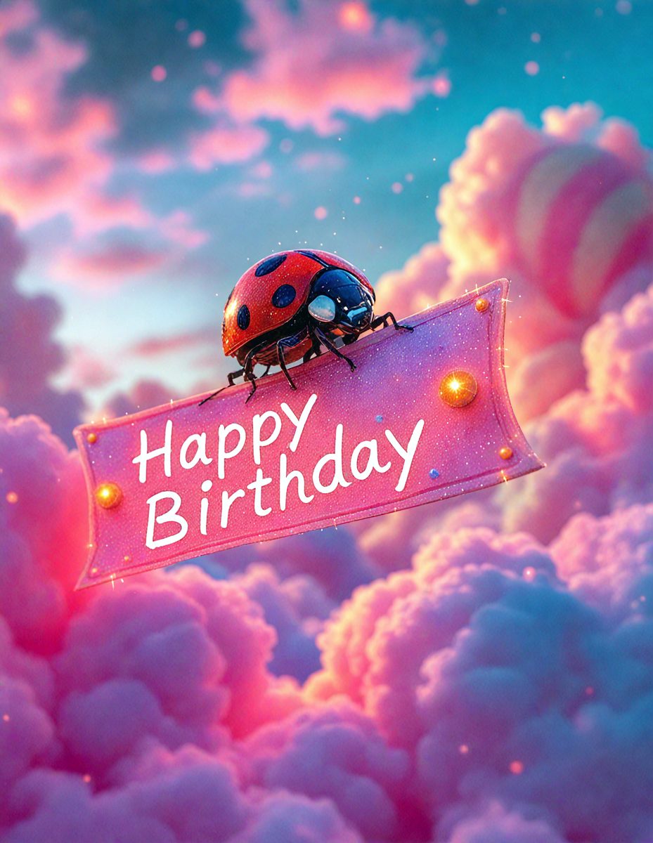 The primary subject of the image is a red ladybug, which is the main focus of the scene. The setting is a pink cloud, creating a whimsical and playful atmosphere. The visual style is a digital art, as the ladybug is depicted in a creative and colorful manner. The colors and mood of the image are predominantly pink and cheerful, making it a delightful and happy birthday card.