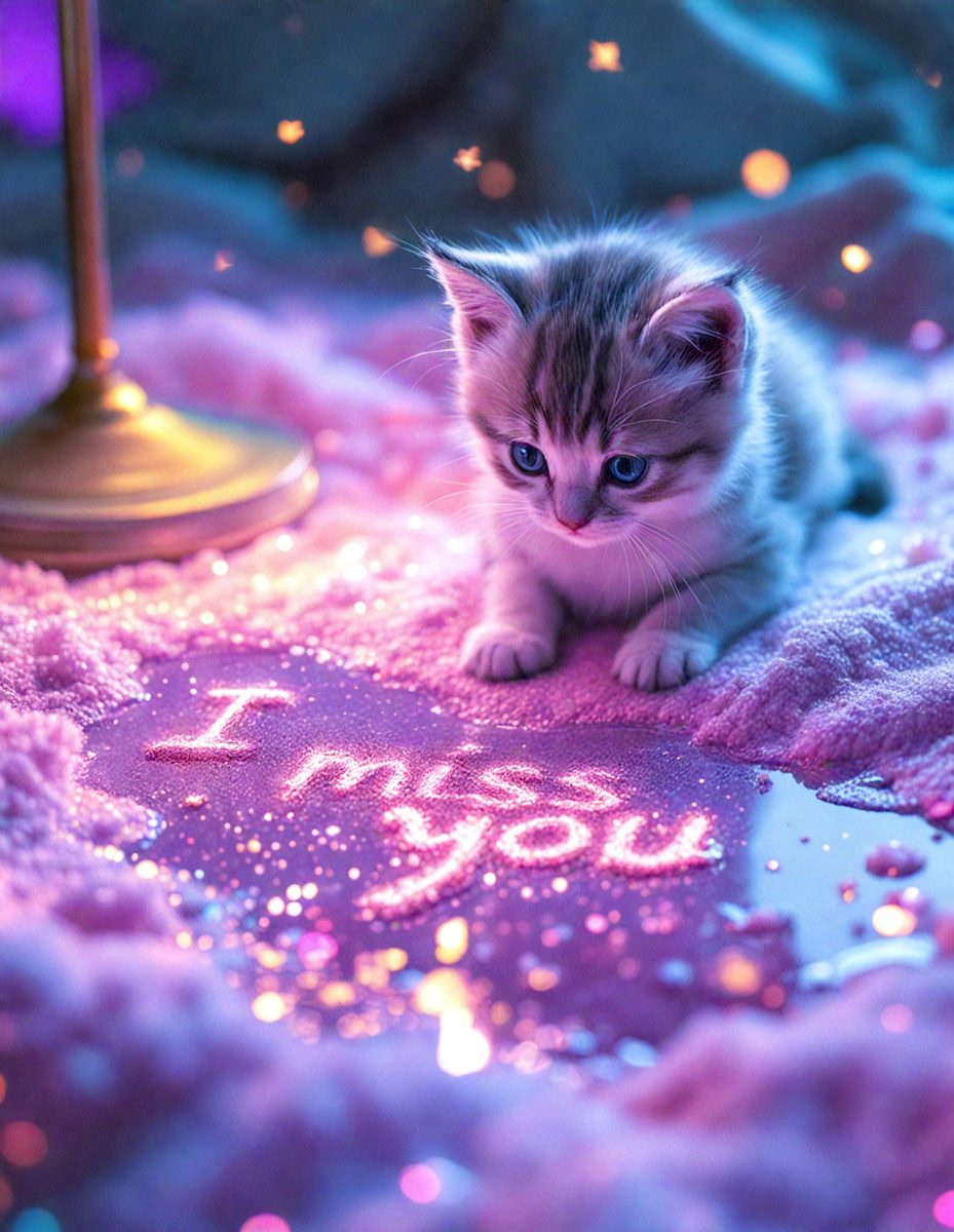 The primary subject of the image is a small kitten sitting on a pink surface. The setting is a bedroom, with a pink bed and a pink carpet visible in the background. The visual style is a combination of a photo and digital art, creating a unique and eye-catching scene. The colors and mood of the image are predominantly pink, giving it a warm and cozy atmosphere.