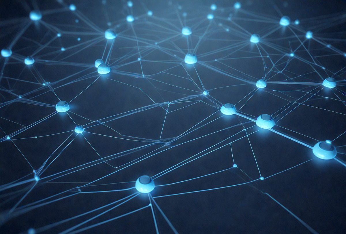 The primary subject of the image is a blue, glowing network of interconnected lines, which resembles a web or a mesh. The setting is a dark background, which contrasts with the bright blue lines. The visual style is a combination of digital art and illustration, creating a unique and captivating pattern. The colors and mood of the image are predominantly blue, with a sense of depth and intricacy.