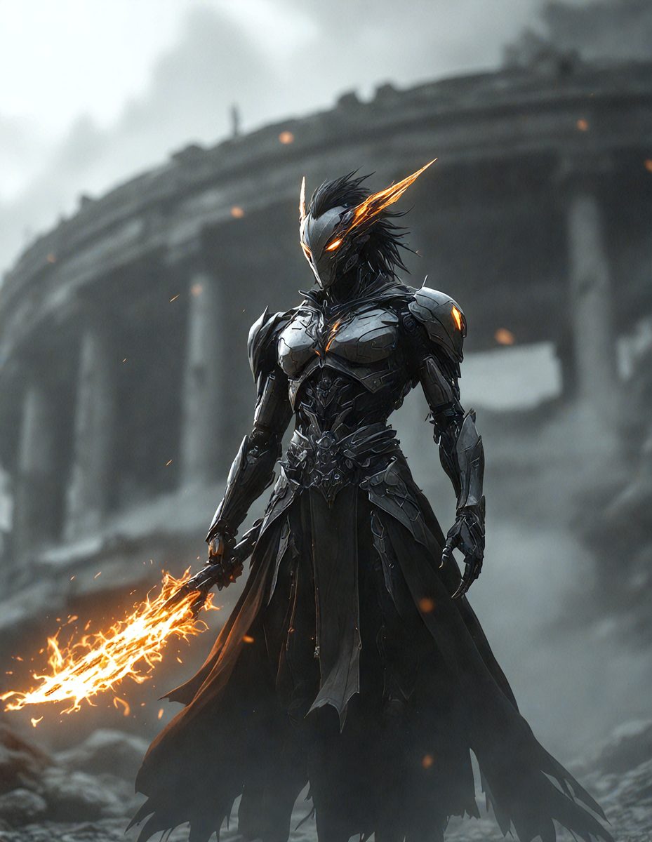 The primary subject of the image is a character dressed in a black and silver costume, holding a sword. The character appears to be a warrior or a demon, with a menacing and powerful presence. The setting is a dark and ominous environment, with a large building in the background. The visual style of the image is a digital art or illustration, with a focus on the character and the sword. The colors and mood of the image are dark and intense, with a sense of danger and conflict.