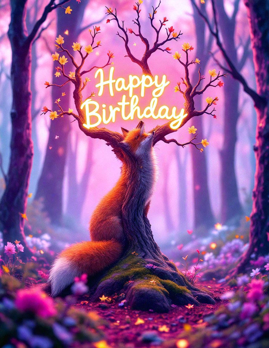 The primary subject of the image is a fox sitting on a tree branch. The setting is a forest with a pink background, giving the scene a whimsical and magical atmosphere. The visual style is a digital art, with the fox and the tree branch being the main focus of the image. The colors are predominantly pink, creating a warm and inviting mood.