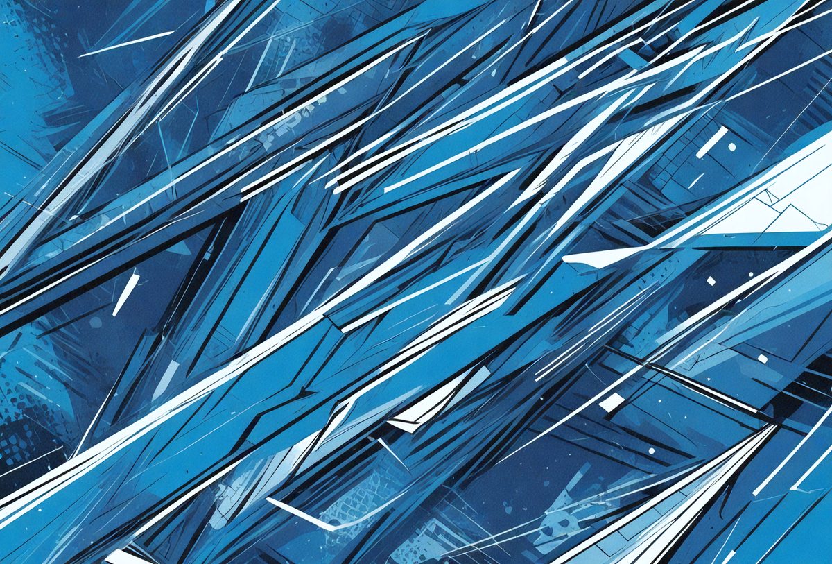 The primary subject of the image is a blue and white geometric pattern. The setting is a blue background, and the visual style is digital art. The dominant colors are blue and white, creating a calm and soothing atmosphere.