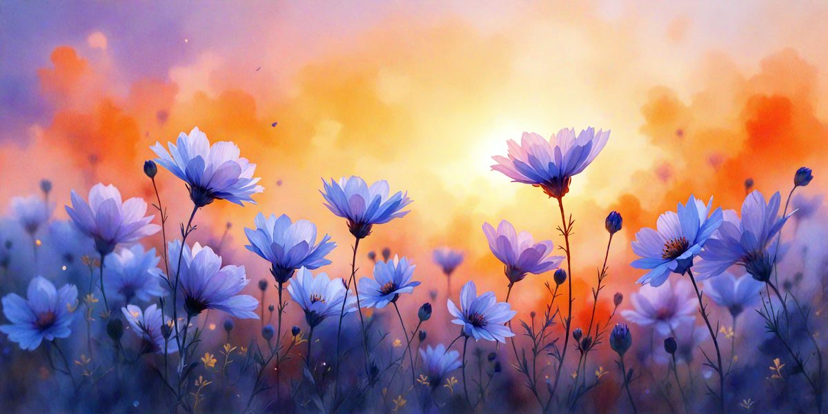 The primary subject of the image is a field of flowers, predominantly white and blue, with some yellow accents. The flowers are scattered throughout the field, creating a beautiful and vibrant scene. The setting is a sunny day, with the sun shining brightly in the background. The visual style of the image is a painting, which adds a sense of artistic expression and depth to the scene. The colors and mood of the image are lively and cheerful, with the white and blue flowers creating a sense of tranquility and natural beauty.