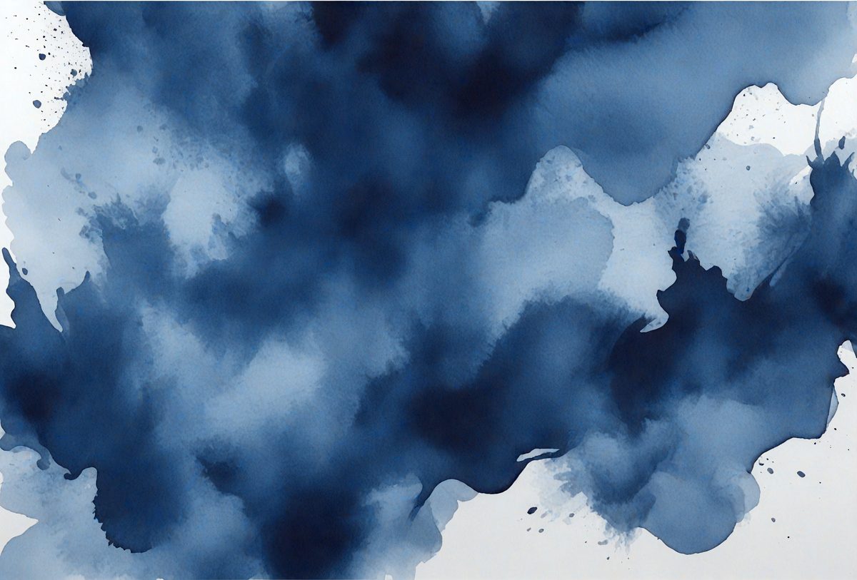 The primary subject of the image is a blue and black painting, which features a cloudy sky with a blue background. The setting is an artistic representation of a cloudy sky, and the visual style is a painting. The dominant colors are blue and black, creating a moody and atmospheric scene.
