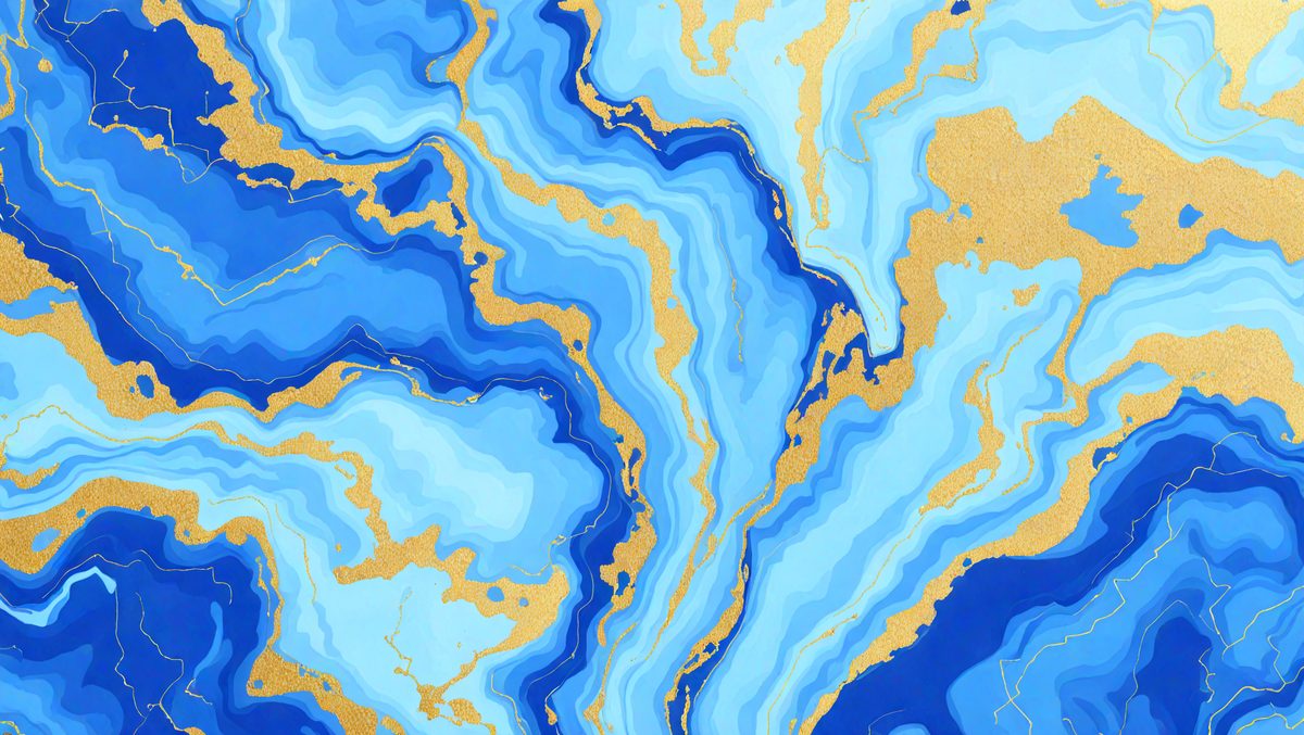 The primary subject of the image is a blue and gold swirling pattern, which appears to be a painting or a digital artwork. The setting is a blue and gold background, which complements the swirling pattern. The visual style is a mix of digital art and painting, creating a unique and eye-catching design. The colors and mood of the image are predominantly blue and gold, giving it a warm and vibrant atmosphere.