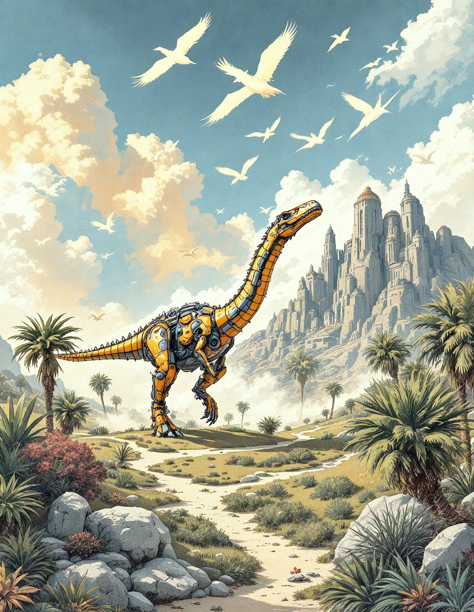 Primary subject: A large yellow dinosaur with a long neck and a long tail, standing in a field with a mountain in the background.

Setting/background: The dinosaur is standing in a field with a mountain in the background. There are also several birds flying in the sky.

Visual style: The image is a digital art illustration.

Colors and mood: The dominant colors are yellow and blue, with a warm and inviting atmosphere.