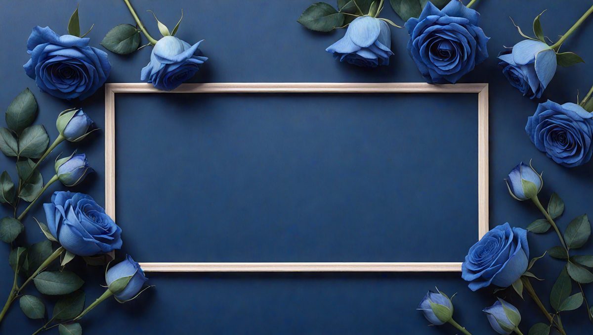 The primary subject of the image is a blue background with a row of blue flowers. The setting is a blue wall, and the visual style is a photo. The dominant colors are blue and white, creating a calm and serene atmosphere.