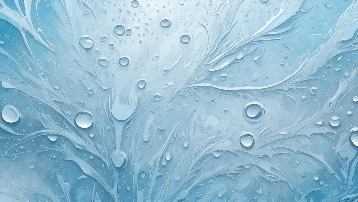 The primary subject of the image is a close-up of a glass surface, possibly a window or a glass sculpture, with water droplets on it. The setting is an indoor environment, possibly a room with a window. The visual style is a combination of a photo and digital art, as the image appears to be a close-up of a glass surface with water droplets on it. The colors and mood of the image are predominantly blue, with the water droplets adding a touch of white and reflecting light.