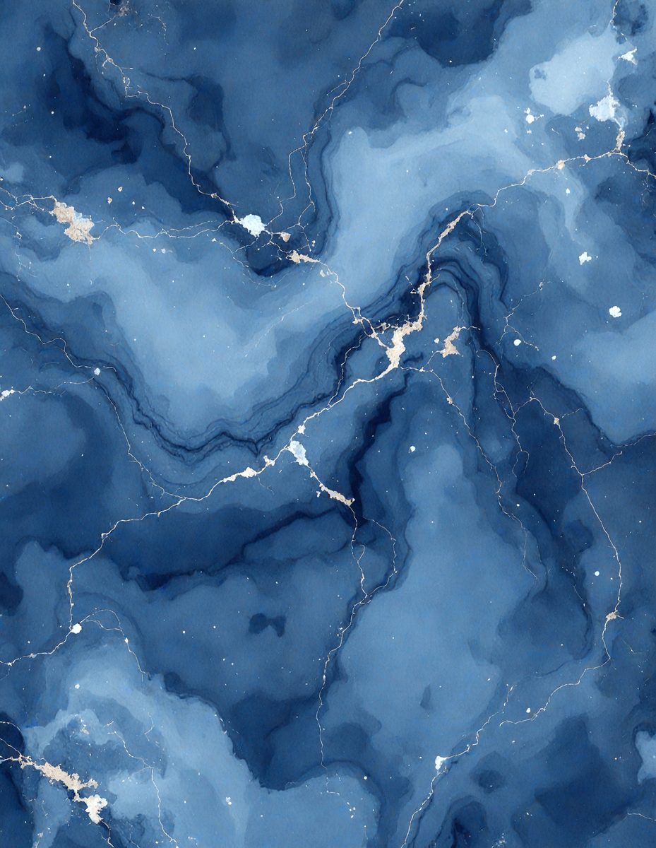 The primary subject of the image is a blue marble-like surface with a pattern of white streaks. The setting is a dark blue background, which contrasts with the marble-like surface. The visual style appears to be a digital art or illustration, as the marble-like surface is depicted in a detailed and intricate manner. The colors and mood of the image are predominantly dark blue and moody, with the white streaks adding a touch of contrast and interest to the overall composition.