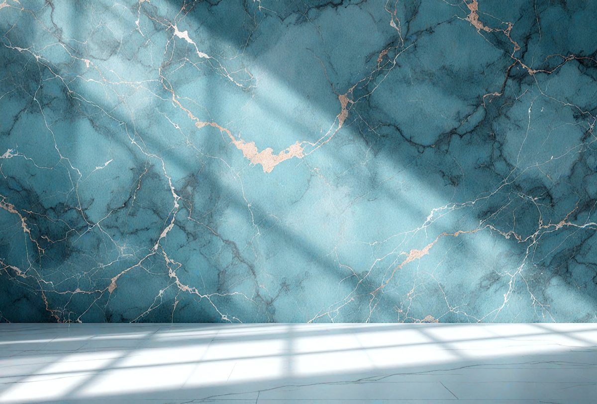 The primary subject of the image is a blue marble wall with a patterned design. The setting is a room with a window, and the visual style appears to be a photo. The dominant colors are blue and white, creating a calm and serene atmosphere.