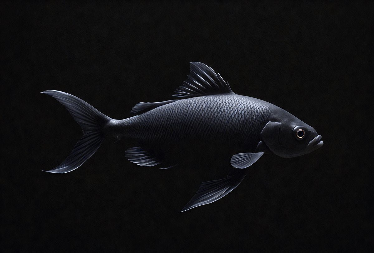 The primary subject of the image is a black fish with a long tail. The fish is swimming in a dark environment, possibly a black background. The visual style of the image is a close-up of the fish, showcasing its details. The colors and mood of the image are predominantly dark, with the black fish being the main focus.