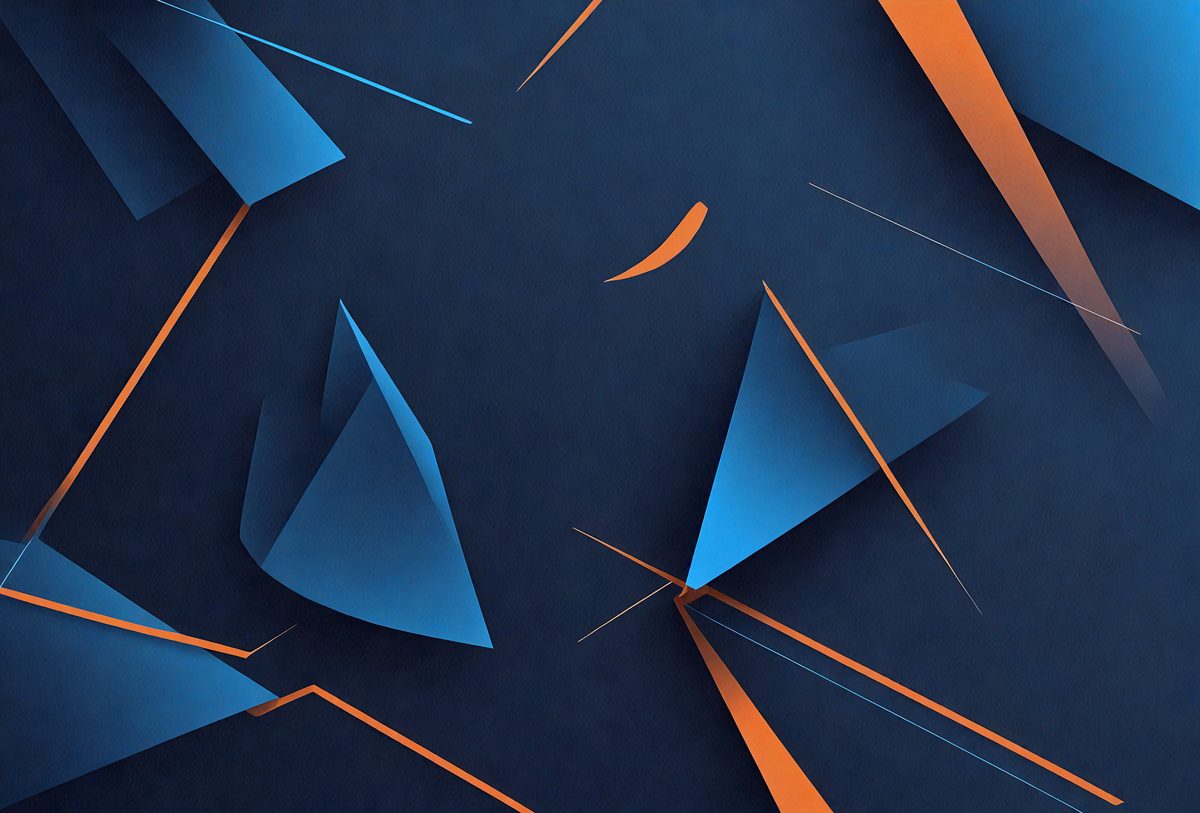 The primary subject of the image is a blue and orange geometric pattern. The setting is a dark blue background, which contrasts with the vibrant colors of the pattern. The visual style appears to be a digital art or illustration, as the pattern is intricate and detailed. The dominant colors are blue and orange, creating a lively and energetic atmosphere.