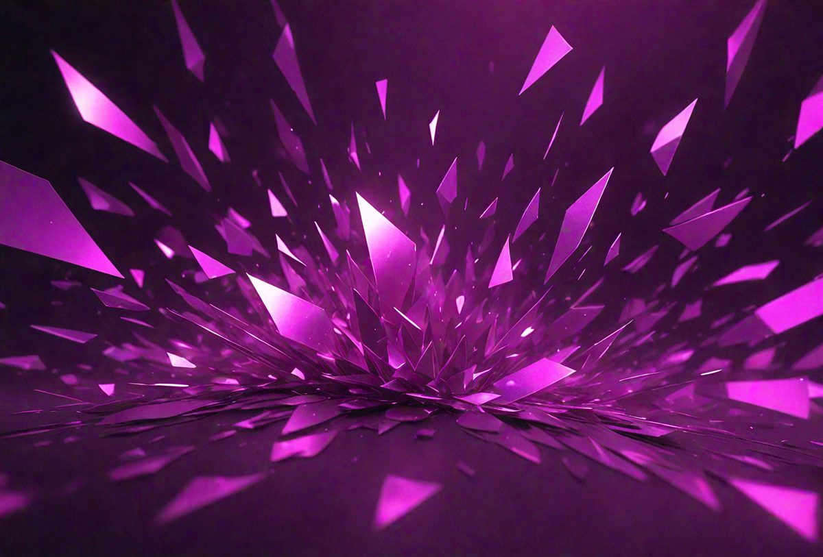 The primary subject of the image is a purple, three-dimensional structure that resembles a crystal or a cluster of glass pieces. The setting is a dark background, which contrasts with the purple color of the structure. The visual style appears to be a combination of digital art and illustration, creating a unique and intriguing design. The colors and mood of the image are predominantly purple, giving it a sense of depth and sophistication.