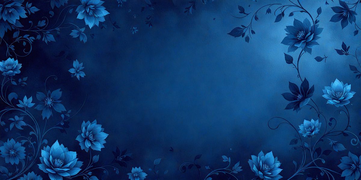 The primary subject of the image is a blue background with a pattern of flowers. The setting is a dark blue background, which creates a moody atmosphere. The visual style is a combination of digital art and illustration, giving the image a unique and artistic appearance. The dominant colors are blue and white, with the flowers adding a touch of color and life to the scene.