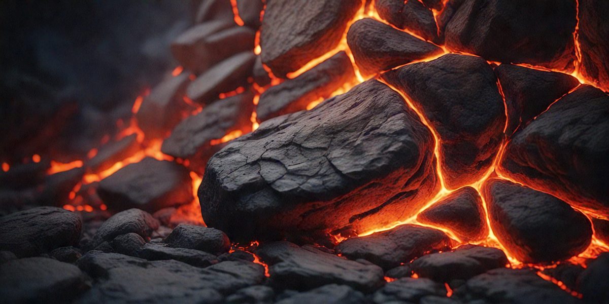 The primary subject of the image is a large, red, glowing rock. The rock is surrounded by a variety of smaller rocks, creating a visually striking scene. The setting appears to be a volcanic or geological environment, with the rocks possibly being part of a lava flow or a natural formation. The visual style of the image is a close-up, with the red rock being the main focus. The colors and mood of the image are predominantly red and orange, giving the scene a warm and intense atmosphere.