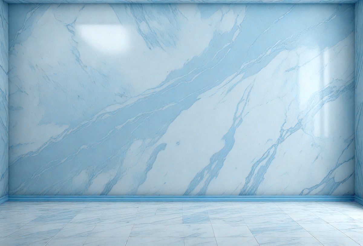 The primary subject of the image is a marble wall with a blue and white marble pattern. The setting is a room with a blue and white marble floor. The visual style is a photo of the marble wall and floor. The colors and mood of the image are predominantly blue and white, creating a clean and elegant atmosphere.