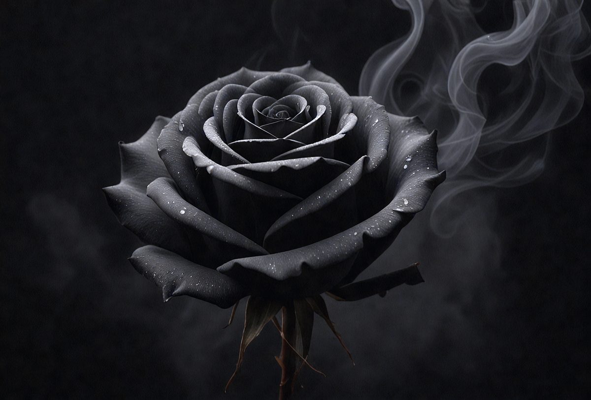 The primary subject of the image is a black rose. The setting is a dark, foggy environment, creating a mysterious and dramatic atmosphere. The visual style is a close-up of the rose, emphasizing its details and texture. The dominant colors are black and grey, with the rose being the main focus of the image.