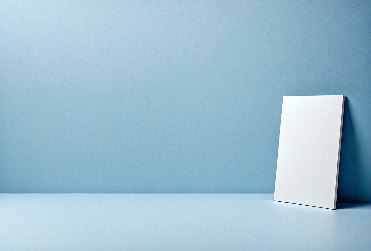 The primary subject of the image is a white book, which is placed on a blue table. The setting is a room with a blue wall, and the visual style appears to be a photo. The colors and mood of the image are predominantly blue, creating a calm and serene atmosphere.