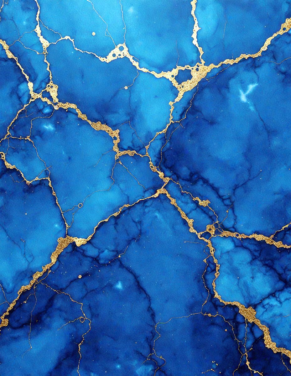 The primary subject of the image is a blue marble wall with gold accents. The setting is a room with a blue marble wall as the main focus. The visual style is a combination of a photo and digital art, creating a unique and intricate design. The dominant colors are blue and gold, giving the wall a luxurious and elegant appearance.