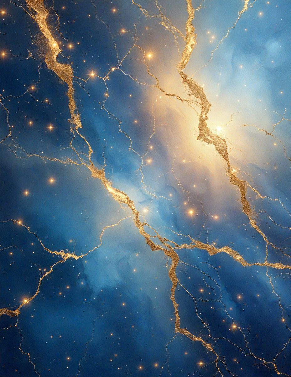 The primary subject of the image is a blue and gold background with a starry pattern. The setting is a space-like environment, and the visual style appears to be a digital art or illustration. The dominant colors are blue and gold, creating a serene and celestial atmosphere.