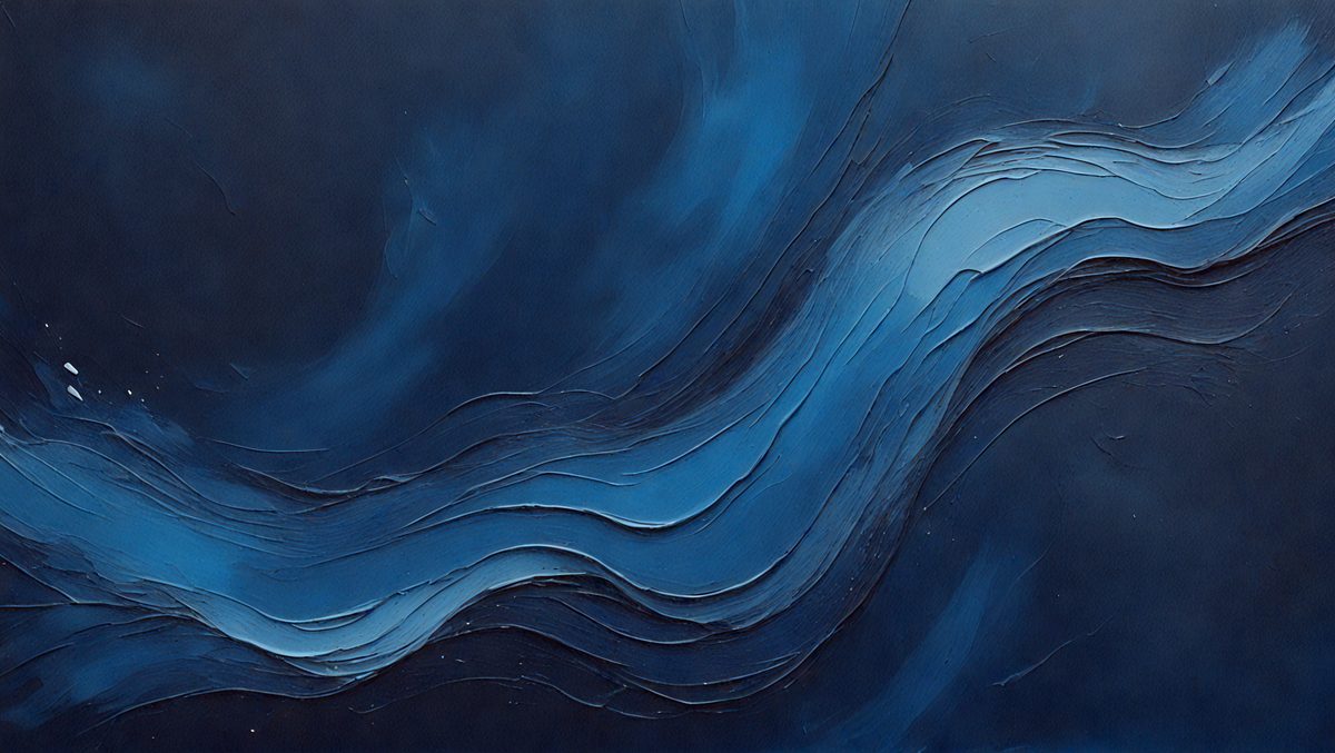 The primary subject of the image is a painting of a blue wave. The setting is a dark blue background, which contrasts with the bright blue wave. The visual style is a painting, and the colors and mood convey a sense of calmness and tranquility.