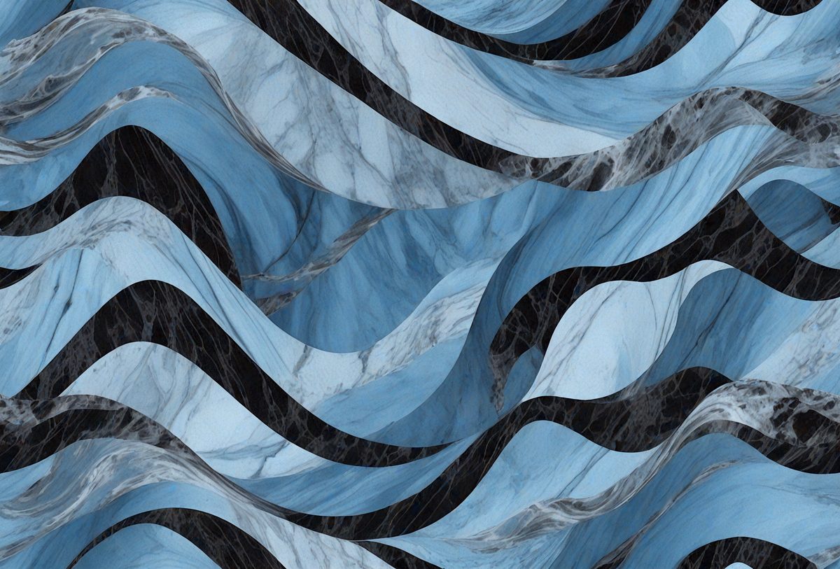 The primary subject of the image is a blue and white marble pattern. The setting is a black and white background, which contrasts with the blue and white marble pattern. The visual style is a combination of a photo and digital art, creating a unique and artistic representation of the marble pattern. The colors and mood of the image are predominantly blue and white, giving it a clean and elegant appearance.