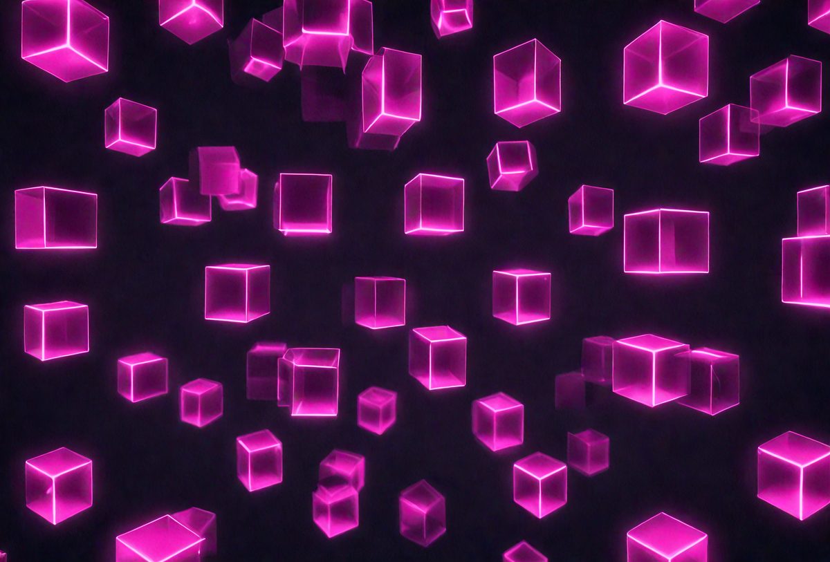The primary subject of the image is a collection of pink cubes or squares, which are scattered throughout the scene. The setting appears to be a dark background, which contrasts with the bright pink color of the cubes. The visual style of the image is a mix of digital art and illustration, as the cubes are arranged in a pattern and the overall atmosphere is vibrant and lively.