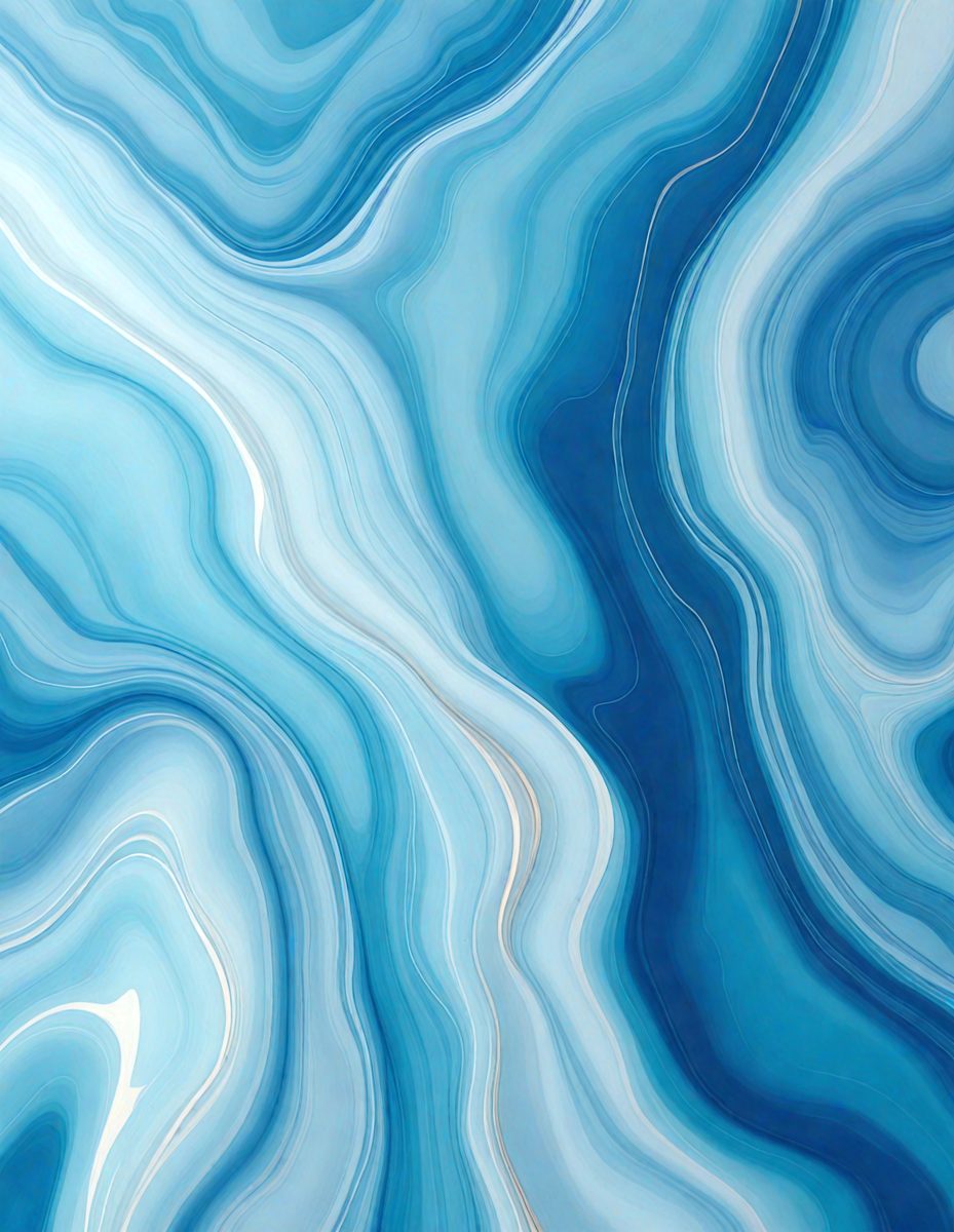 The primary subject of the image is a blue and white ocean scene. The setting is a large body of water with a blue background. The visual style is a combination of a photo and digital art, creating a unique and artistic representation of the ocean. The dominant colors are blue and white, giving the image a calming and serene atmosphere.