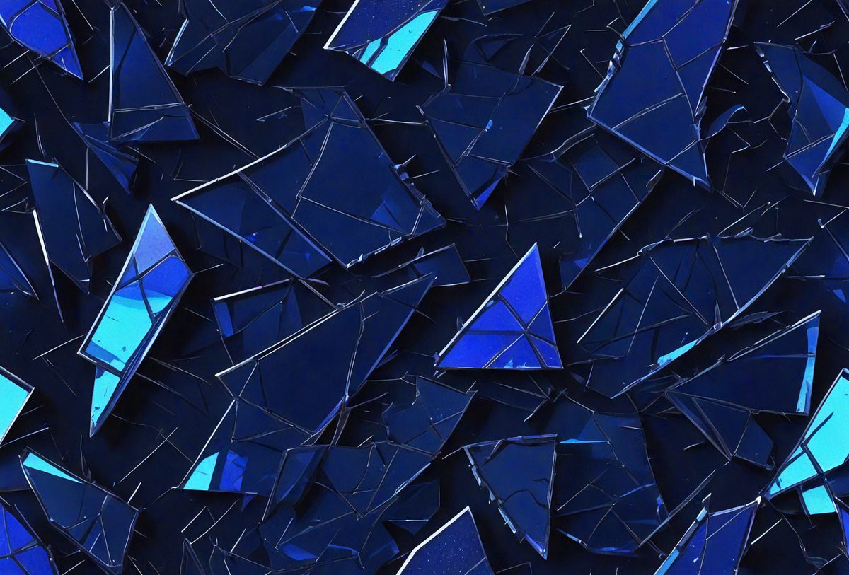 The primary subject of the image is a collection of blue glass shards, which are arranged in a visually appealing manner. The setting is a blue background, which complements the blue glass shards. The visual style is a combination of digital art and illustration, as the glass shards are carefully arranged to create a cohesive and aesthetically pleasing composition. The colors and mood of the image are predominantly blue, creating a sense of calmness and tranquility.