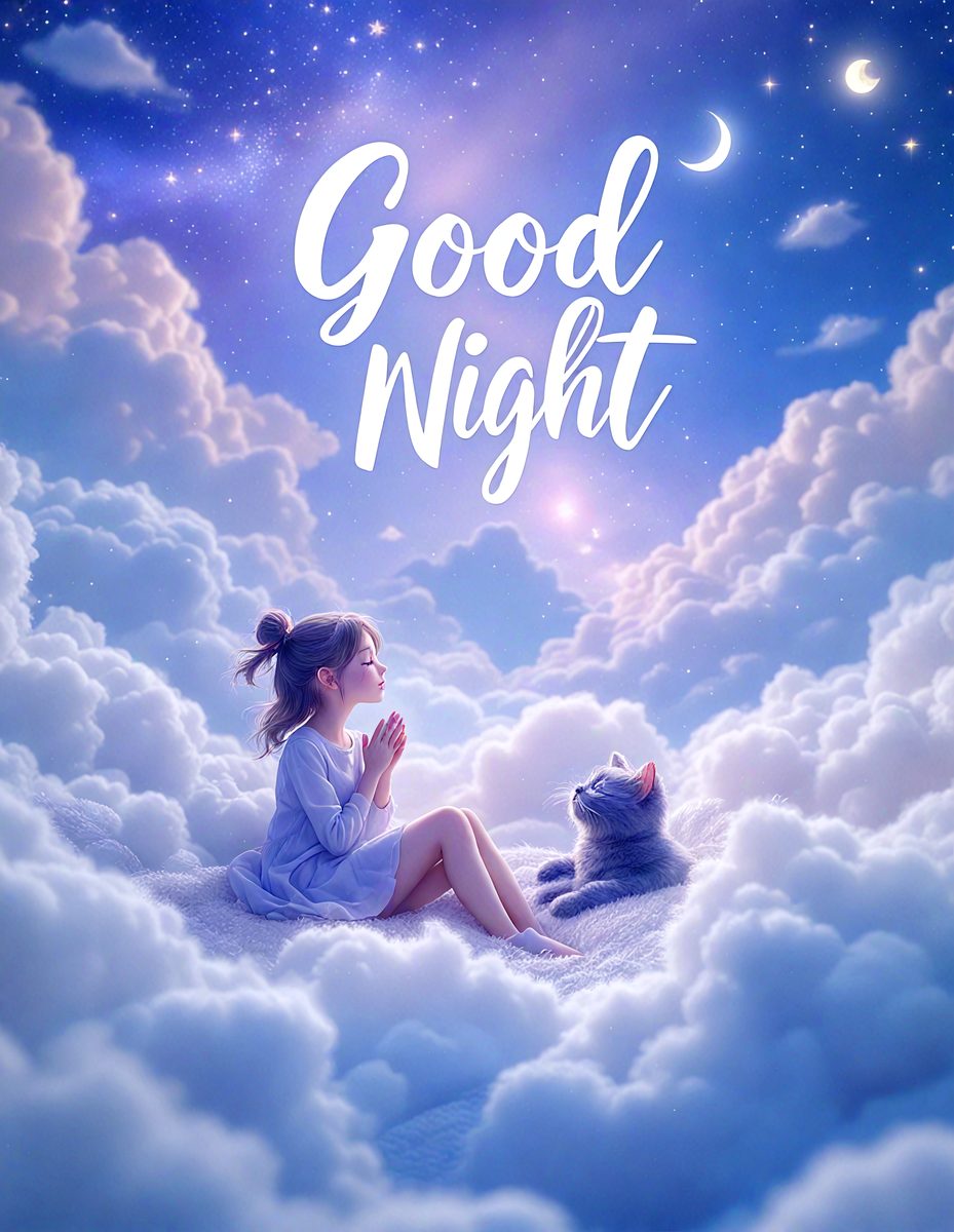 The primary subject of the image is a young girl sitting on a cloud. The setting is a whimsical, dreamy environment with clouds and a sky background. The visual style is a digital art or illustration, creating a surreal and imaginative atmosphere. The dominant colors are soft pastels, such as blue, pink, and white, which contribute to the overall mood of the scene.