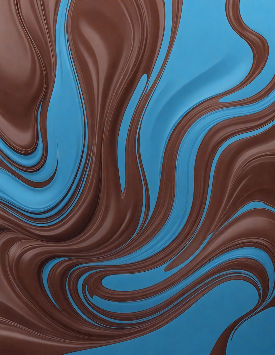 The primary subject of the image is a close-up of a chocolate-covered cake with swirls and patterns. The setting is a blue background, which adds a contrasting color to the scene. The visual style appears to be a combination of a photo and digital art, as the cake's texture and patterns are captured in a detailed manner. The colors and mood of the image are predominantly dark, with the chocolate cake being the main focus, creating a rich and indulgent atmosphere.