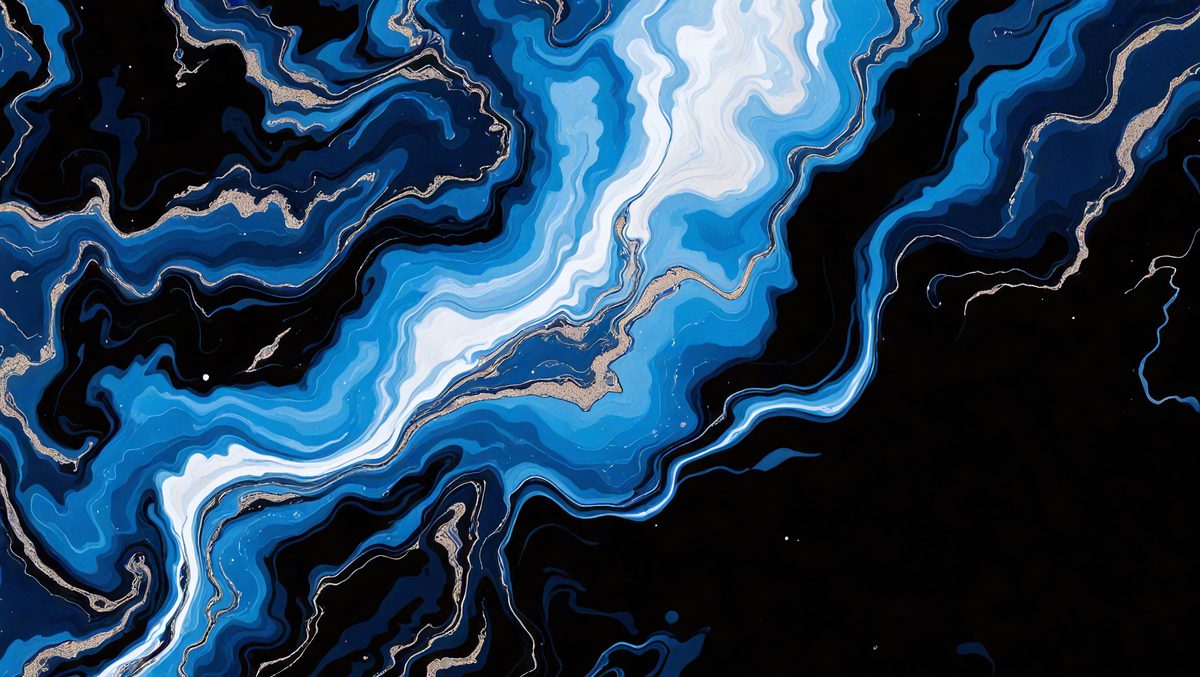 The primary subject of the image is a blue and white painting of a waterfall. The setting is a black background, which contrasts with the vibrant colors of the waterfall. The visual style is a digital art or illustration, creating a dynamic and artistic representation of the waterfall. The dominant colors are blue and white, with the blue waterfall and white background creating a sense of depth and movement in the painting.
