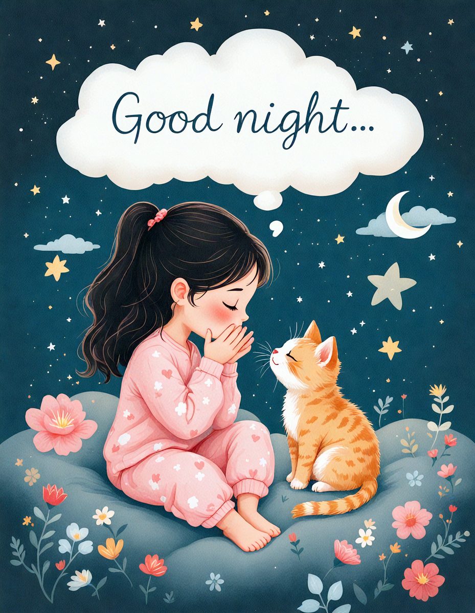 The image features a young girl sitting on a bed, with a cat sitting next to her. The girl is wearing pajamas and appears to be in a relaxed and comfortable position. The cat is also sitting on the bed, close to the girl. The scene is set in a bedroom, with a night sky visible in the background. The overall atmosphere of the image is calm and peaceful, with the girl and the cat enjoying each other's company.