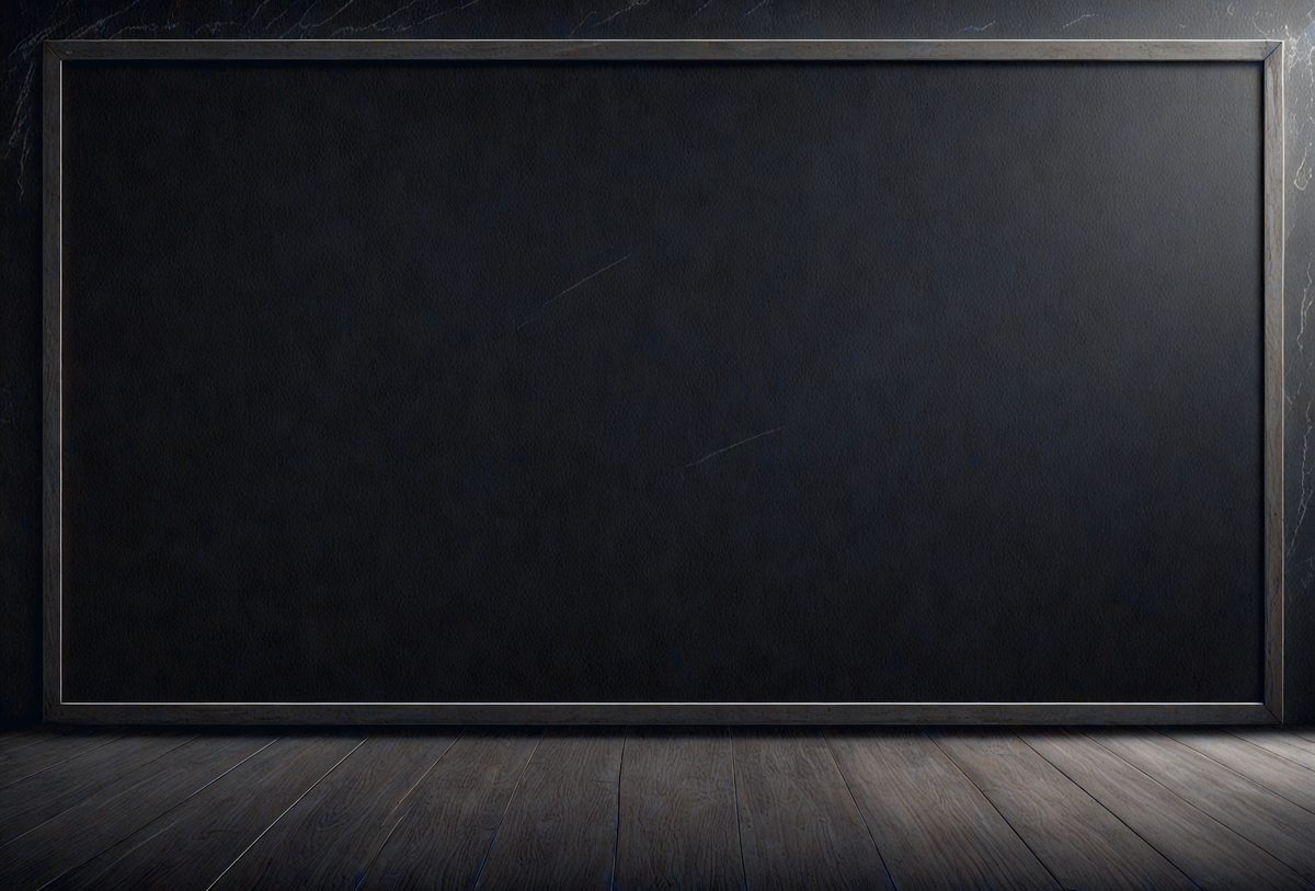The primary subject of the image is a large, empty blackboard. The setting is a room with a wooden floor, and the visual style is a black and white photo. The dominant colors are black and white, creating a classic and timeless atmosphere.