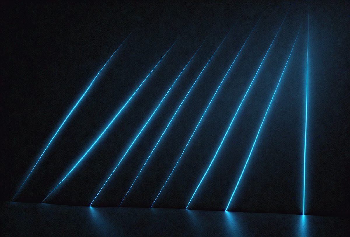 The primary subject of the image is a blue light, which is the main focus of the scene. The setting is a dark room, and the visual style appears to be a digital art or illustration. The dominant colors in the image are blue and black, creating a moody and atmospheric ambiance.