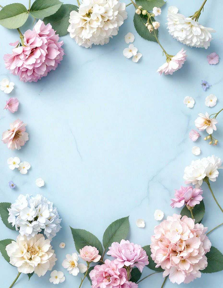 The primary subject of the image is a bouquet of flowers, which are arranged in a circle on a blue surface. The flowers are of various colors, creating a vibrant and lively atmosphere. The setting appears to be a creative and artistic environment, possibly a painting or a digital artwork. The visual style of the image is a combination of realistic and artistic elements, making it an appealing and eye-catching composition.