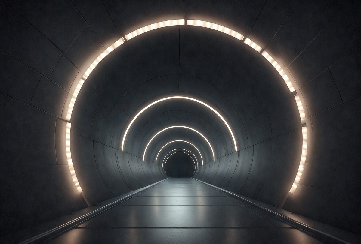 The primary subject of the image is a long, dark tunnel with a bright light at the end. The setting is a dark, enclosed space, and the visual style is a photo. The colors and mood of the image are predominantly dark, with the bright light at the end creating a contrasting element.