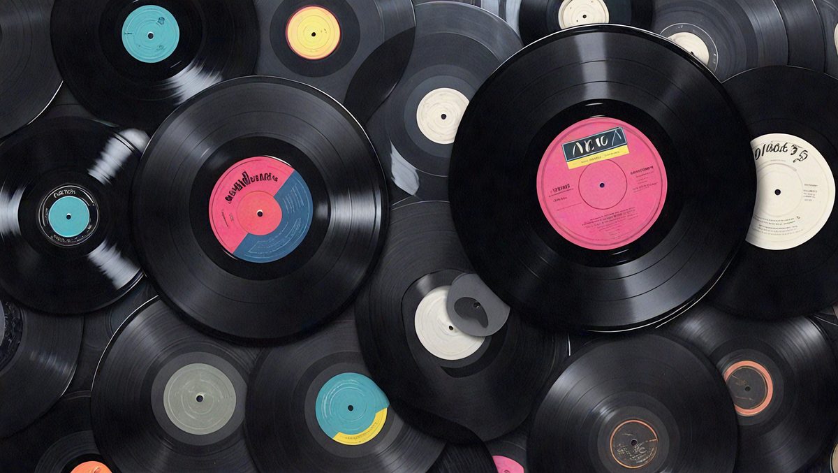 The primary subject of the image is a collection of various colored vinyl records. The records are arranged in a visually appealing manner, creating a sense of depth and dimension. The setting is a room with a table, and the visual style is a close-up of the records, showcasing their vibrant colors and unique designs. The colors and mood of the image are lively and energetic, as the records come in a variety of shades and patterns.